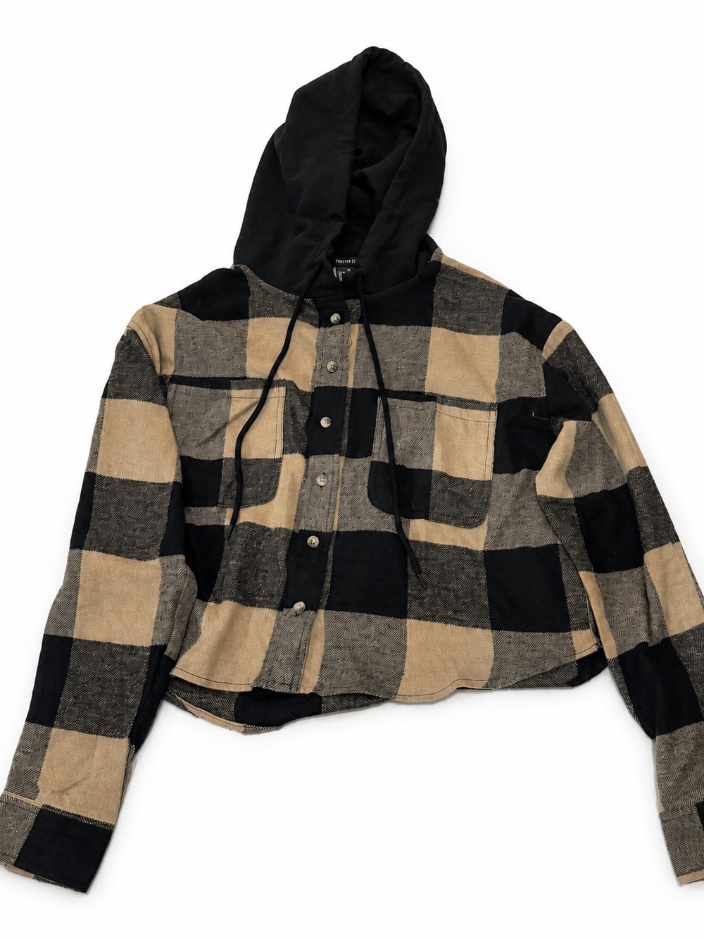 Plaid Hooded Button-Front cropped Jacket - Black & Tan